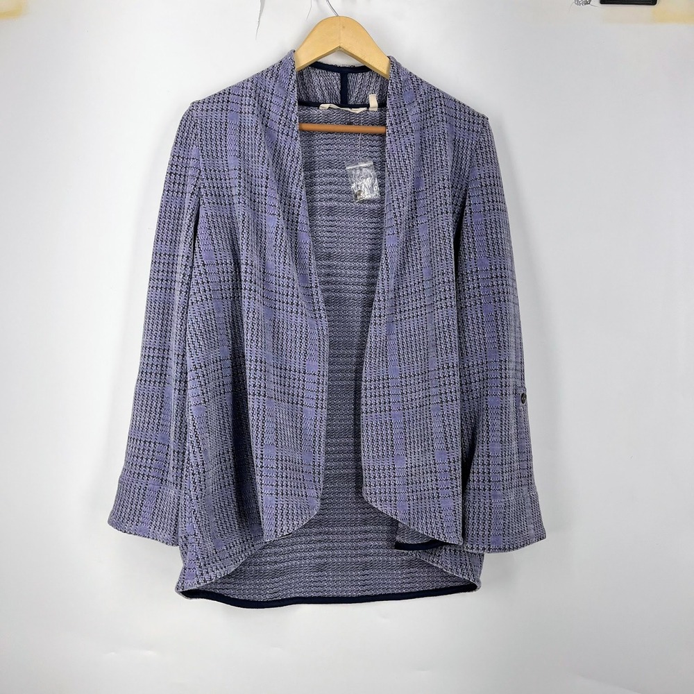 Soft Surroundings Purple Plaid Open Front Roll Tab Sleeve Cardigan Sweater Large